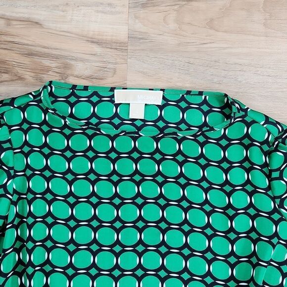 💜Michael Kors Green Circular Geo Print Adjustable Long Sleeve Blouse Small - Picture 3 of 12